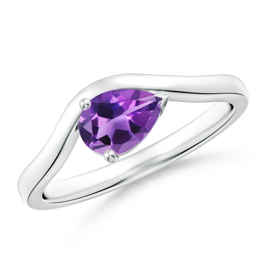 East-West Pear Amethyst Wave Shank Solitaire Ring